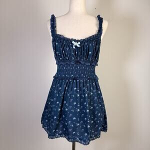 For Love & Lemons Lola Pointelle Dress Size Medium Blue Ruffle Floral Rose Bow